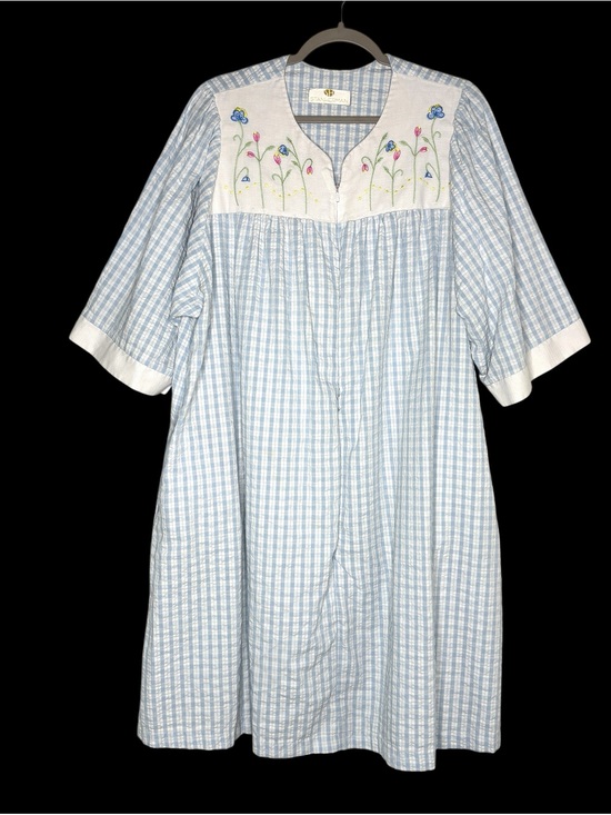 stan herman Other - Housecoat Dress Blue Gingham Embroidered Yoke muumuu nightgown lounge vintage L